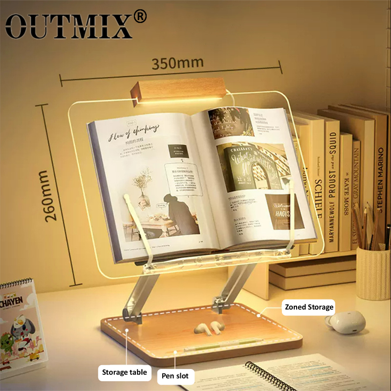 Laptop Accessories Organizer - แท่นอ่านหนังสือไม้พร้อมไฟอะคริลิคใส ที่วางแท็บเล็ตแบบยกได้อเนกประสงค์ ที่วางแล็ปท็อป ชั้นวางหนังสือแบบตั้งโต๊ะ